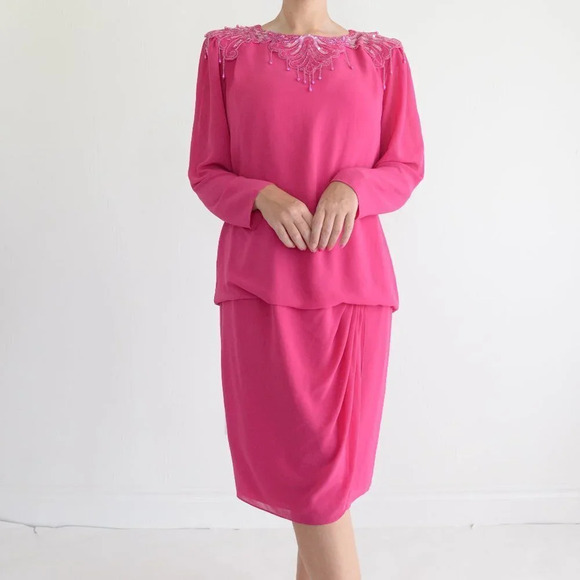 Vintage Ursula Fuchsia Pink Long Sleeve Midi Barbiecore Dress 14 - Picture 2 of 13